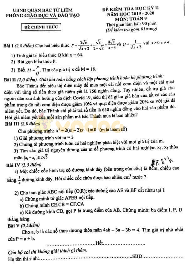 Đề thi học kì 2 lớp 9 môn Toán Phòng GD&ĐT Bắc Từ Liêm năm học 2019 - 2020