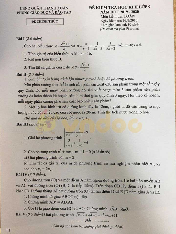 Đề thi học kì 2 lớp 9 môn Toán Phòng GD&ĐT Thanh Xuân năm học 2019 - 2020