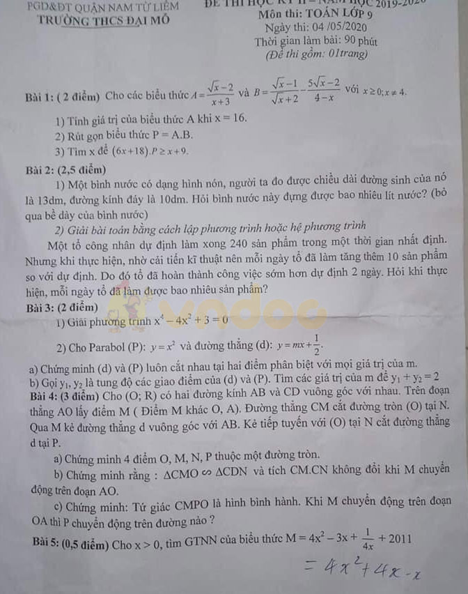 Đề thi học kì 2 lớp 9 môn Toán Trường THCS Đại Mỗ, Nam Từ Liêm năm học 2019 - 2020