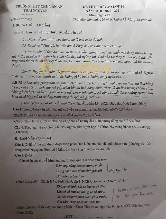 Đề thi thử vào lớp 10 môn Ngữ văn Trường THPT Chu Văn An, Thái Nguyên năm học 2020 - 2021