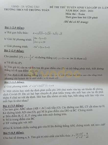 Đề thi thử vào lớp 10 môn Toán Trường THCS Võ Trường Toản, Vũng Tàu năm học 2020 - 2021