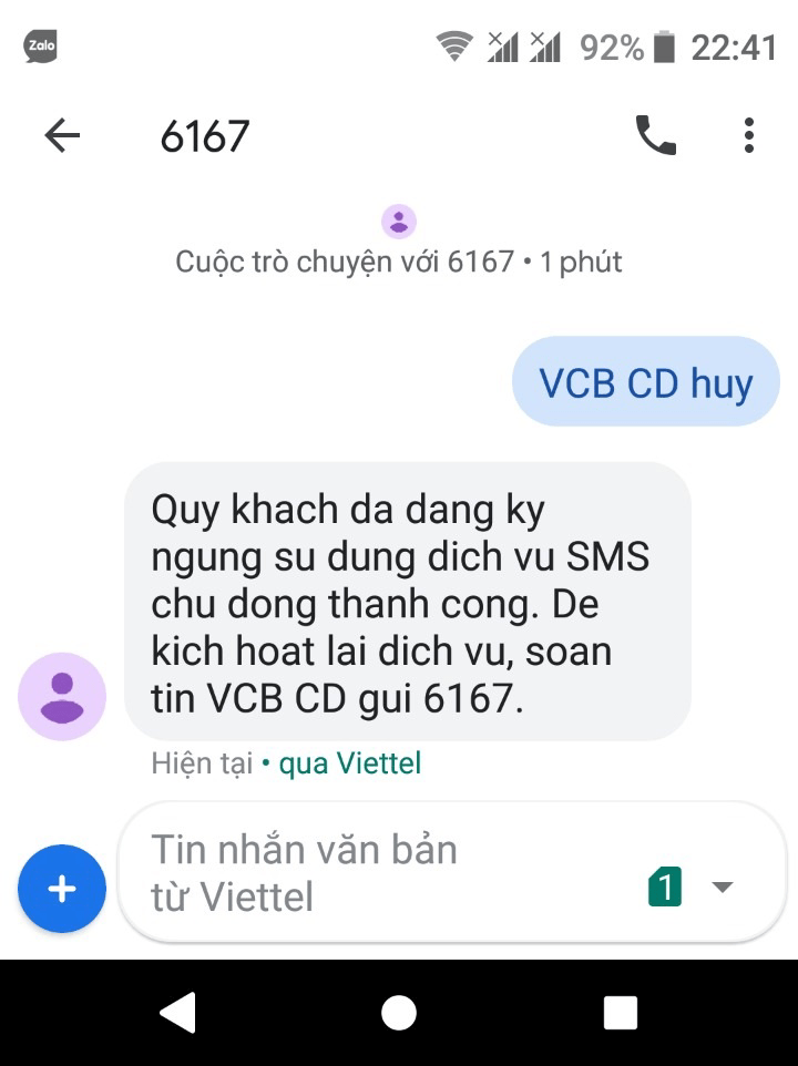 Hủy dịch vụ sms vietcombank