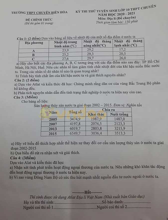 Đề thi thử vào lớp 10 môn Địa lý Trường THPT Chuyên Biên Hòa năm học 2020 - 2021