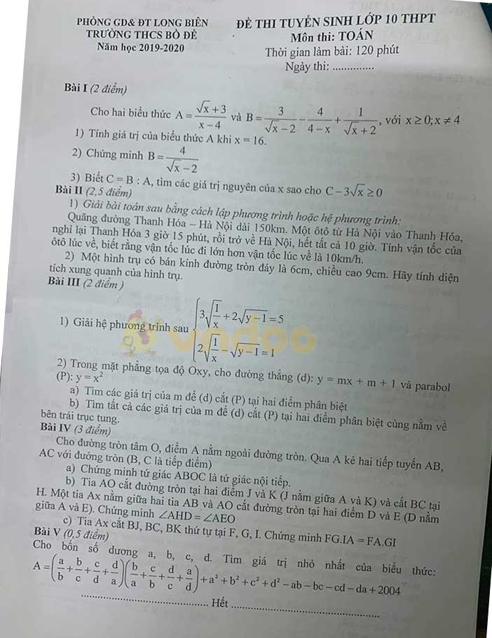Đề thi thử vào lớp 10 môn Toán Trường THCS Bồ Đề, Long Biên năm học 2019 - 2020