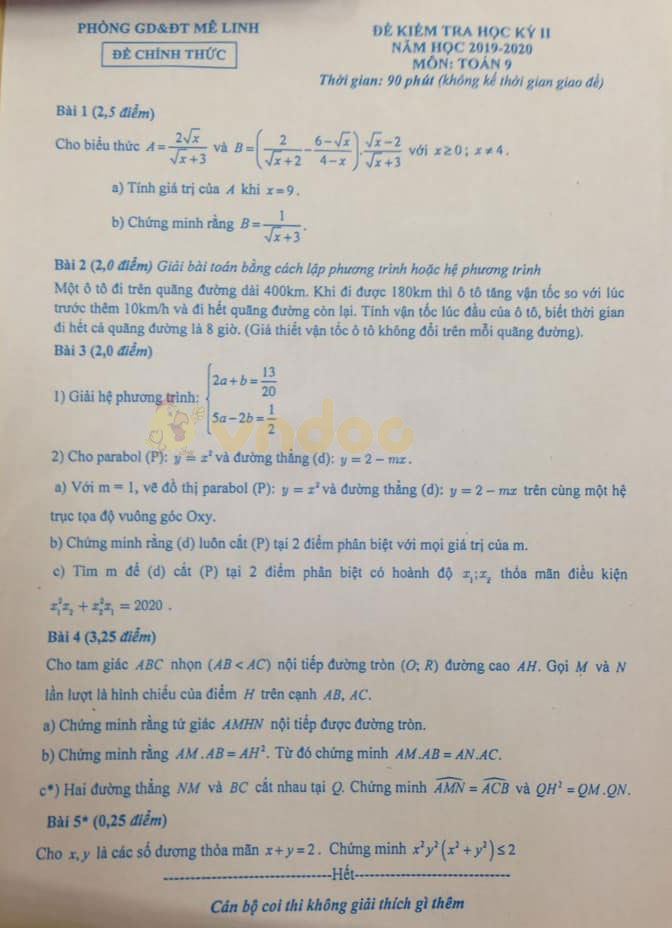 Đề thi học kì 2 lớp 9 môn Toán Phòng GD&ĐT Mê Linh năm học 2019 - 2020