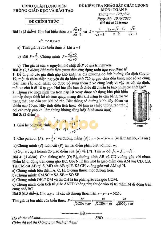 Đề Thi Khảo Sát Chất Lượng Lớp 9 Môn Toán Phòng GdandĐt Long Biên Năm 2441