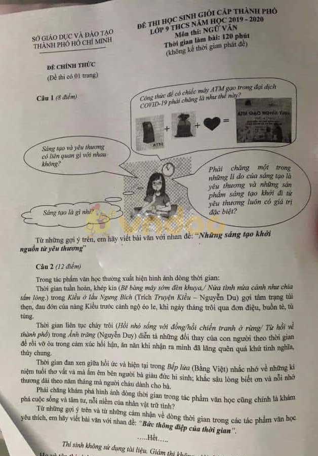 Đề thi chọn học sinh giỏi lớp 9 môn Ngữ văn Sở GD&ĐT Thành phố Hồ Chí Minh năm học 2019 - 2020