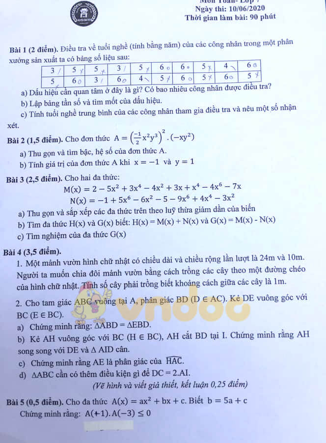 Đề thi học kì 2 Toán 7