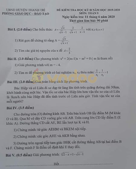 Đề thi học kì 2 lớp 9 môn Toán Phòng GD&ĐT Thanh Trì năm học 2019 - 2020