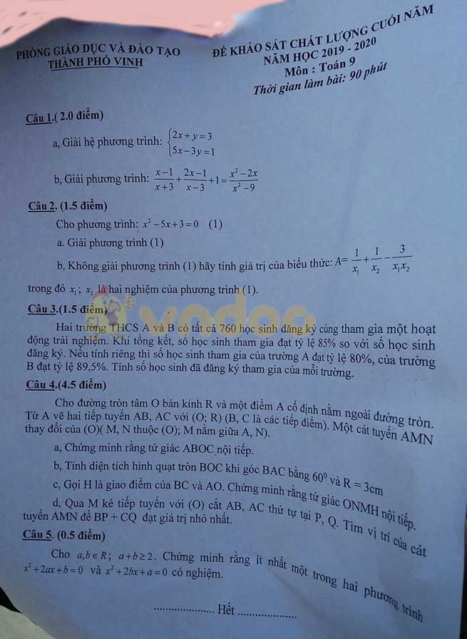 đề Thi Học Ki 2 Lớp 9 Mon Toan Phong Gd đt Thanh Phố Vinh Năm Học 19 đề Kiểm Tra Học Hk2 Mon Toan Lớp 9 Co đap An Vndoc Com