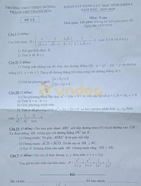 Đề thi chọn học sinh giỏi lớp 9 môn Toán Trường THCS Thiệu Dương, Thanh Hóa năm học 2019 - 2020