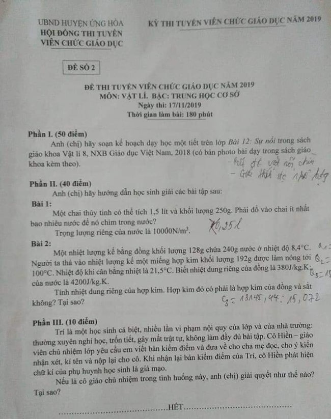 Đề thi viên chức giáo viên Vật Lý THCS
