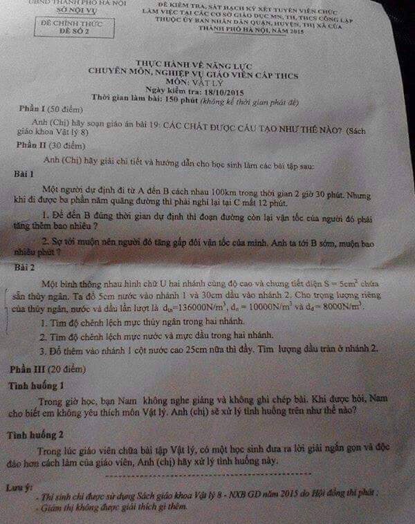 Đề thi viên chức giáo viên Vật Lý THCS