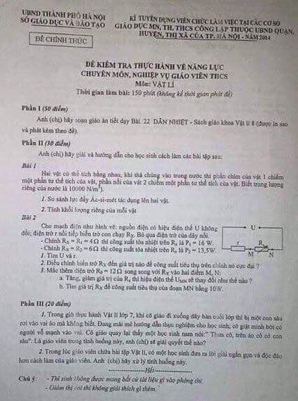 Đề thi viên chức giáo viên Vật Lý THCS