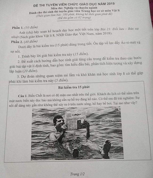 Đề thi viên chức giáo viên Vật Lý THCS