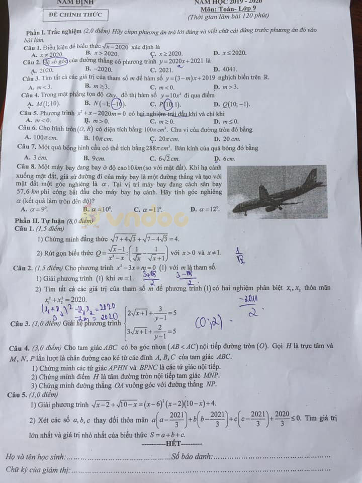 Đề thi học kì 2 lớp 9 môn Toán Sở GD&ĐT Nam Định năm học 2019 - 2020