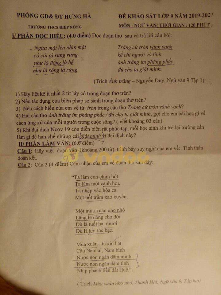 Đề thi khảo sát chất lượng lớp 9 môn Ngữ văn Trường THCS Điệp Nông, Hưng Hà năm học 2019 - 2020