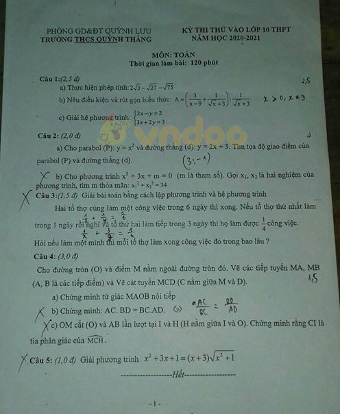 Đề thi thử vào lớp 10 môn Toán Trường THCS Quỳnh Thắng, Quỳnh Lưu năm học 2020 - 2021