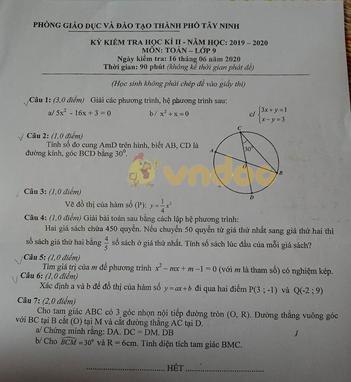 Đề thi học kì 2 lớp 9 môn Toán Phòng GD&ĐT Tây Ninh năm học 2019 - 2020
