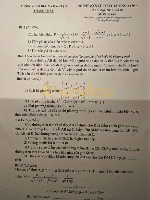Đề thi khảo sát chất lượng lớp 9 môn Toán Phòng GD&ĐT Thạch Thất năm học 2019 - 2020