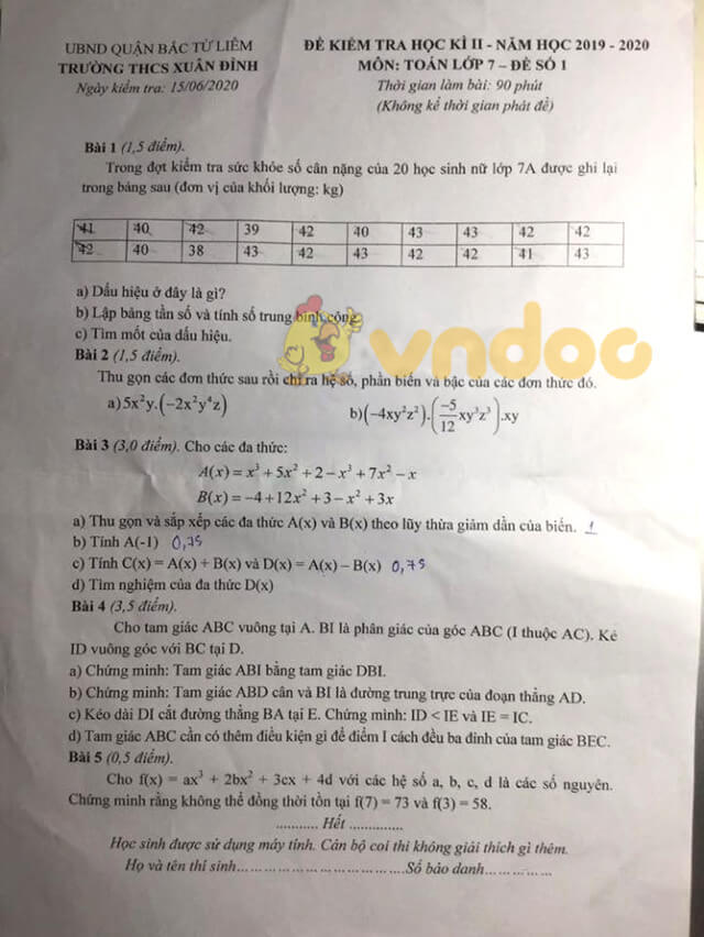 Đề thi học kì 2 Toán 7