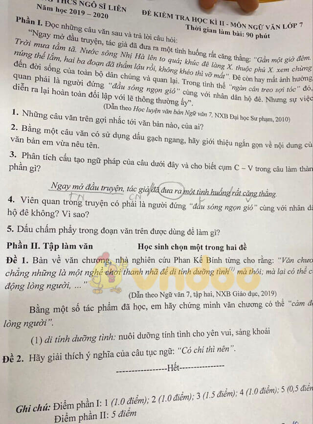 Đề thi Văn lớp 7 học kì 2 năm 2020
