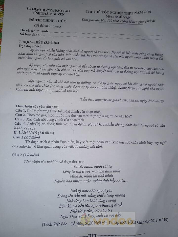 Đề thi thử THPT Quốc gia môn Ngữ văn năm 2020 Sở GD&ĐT Thái Nguyên