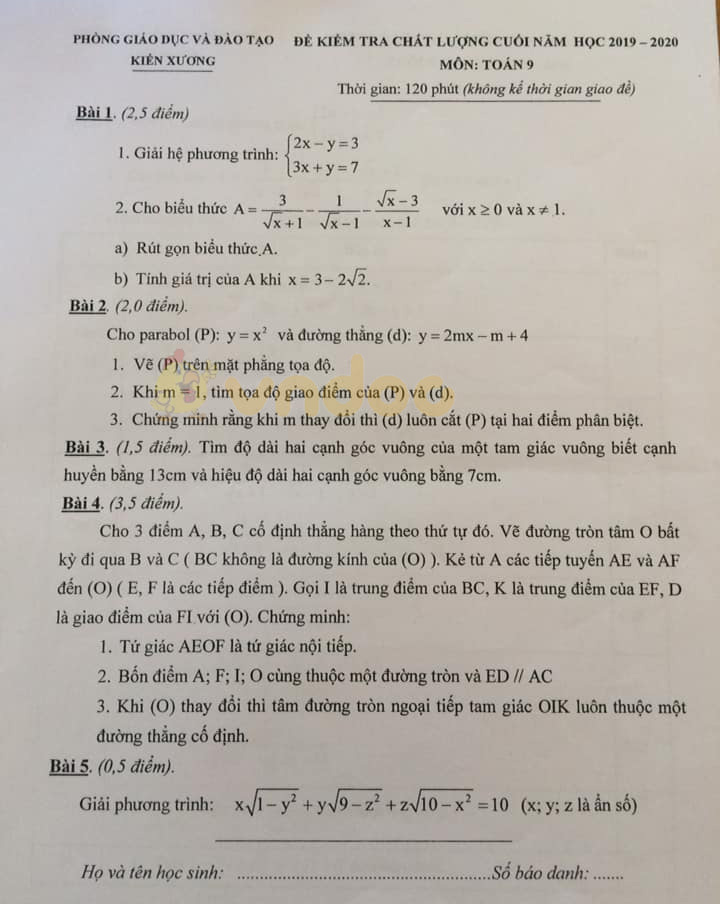 Đề thi học kì 2 Toán 9 Phòng GD&ĐT Kiến Xương năm học 2019 - 2020