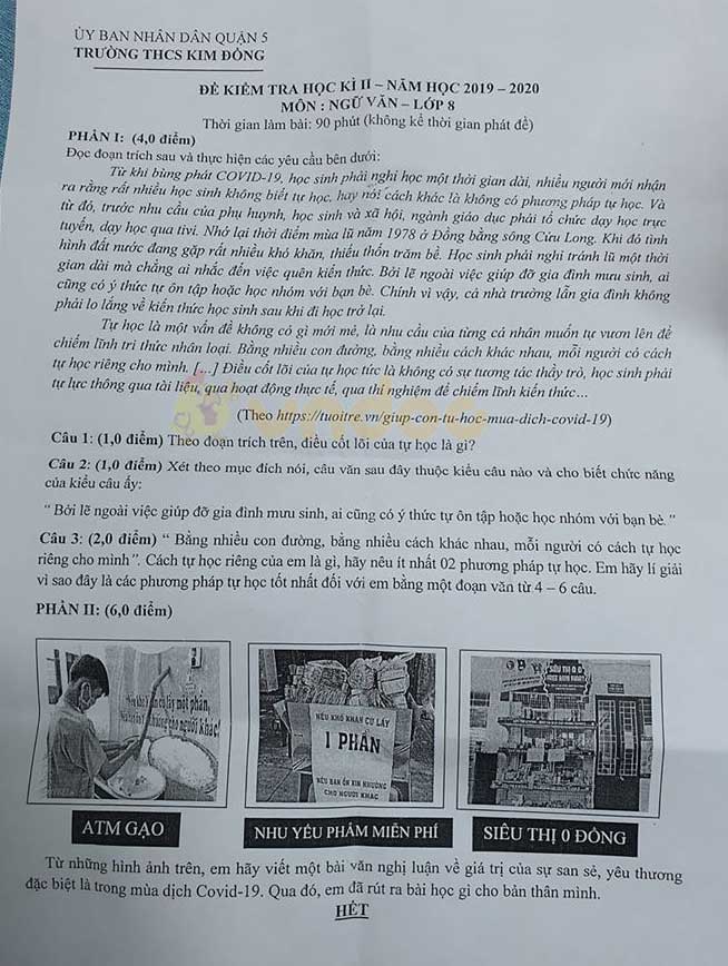 Đề thi Văn lớp 8 học kì 2 năm 2020 Trường THCS Kim Đồng, Quận 5