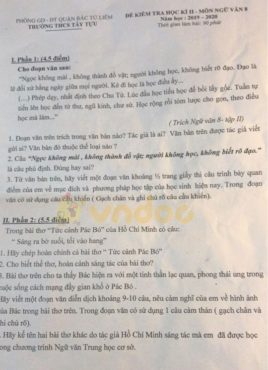 Đề thi Văn lớp 8 học kì 2 năm 2020 Trường THCS Tây Tựu, Bắc Từ Liêm