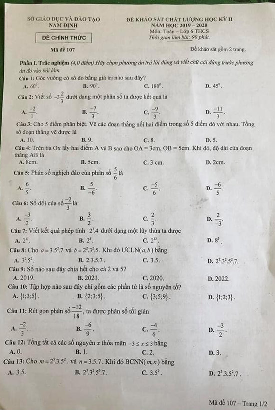 Đề thi học kì 2 lớp 6 môn Toán