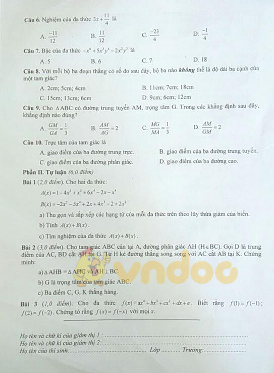 Đề thi Toán lớp 7 học kì 2 năm 2020