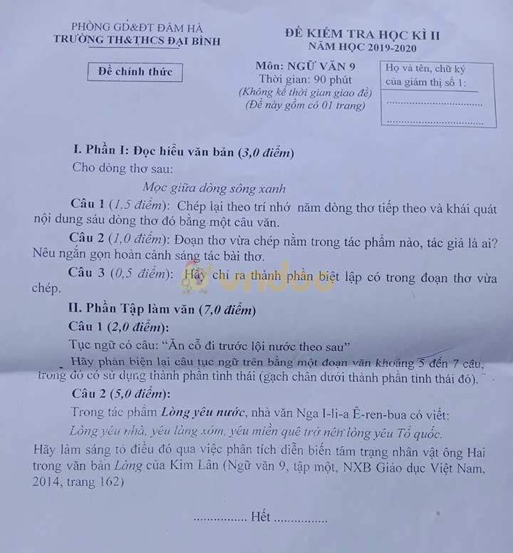 Đề thi học kì 2 lớp 9 môn Văn Trường TH&THCS Đại Bình, Đầm Hà năm học 2019 - 2020