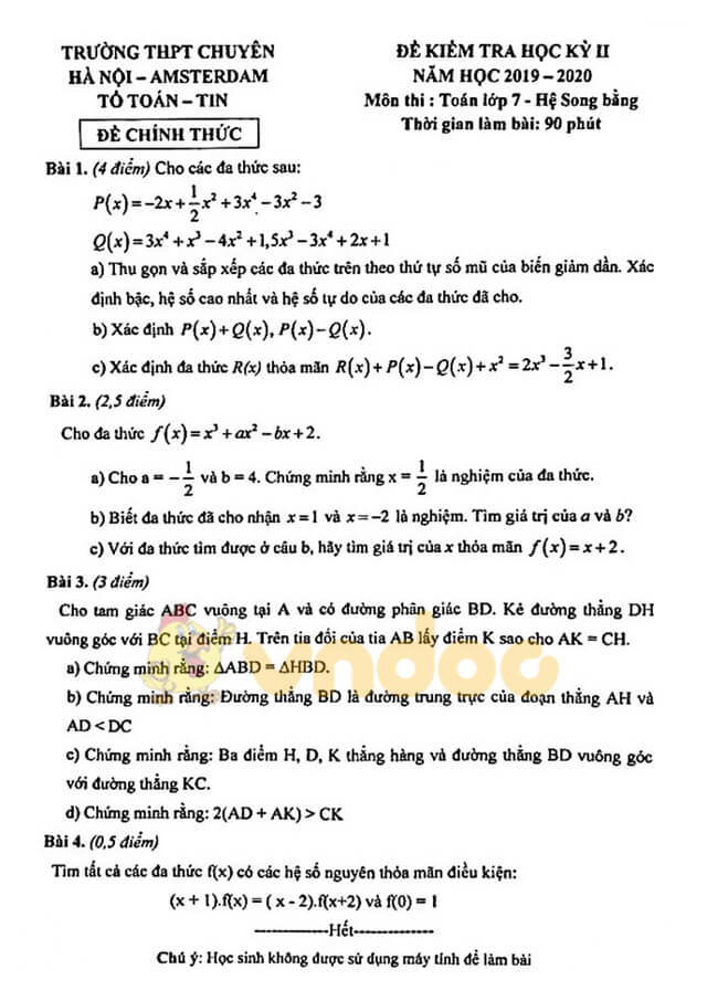 Đề thi học kì 2 Toán 7