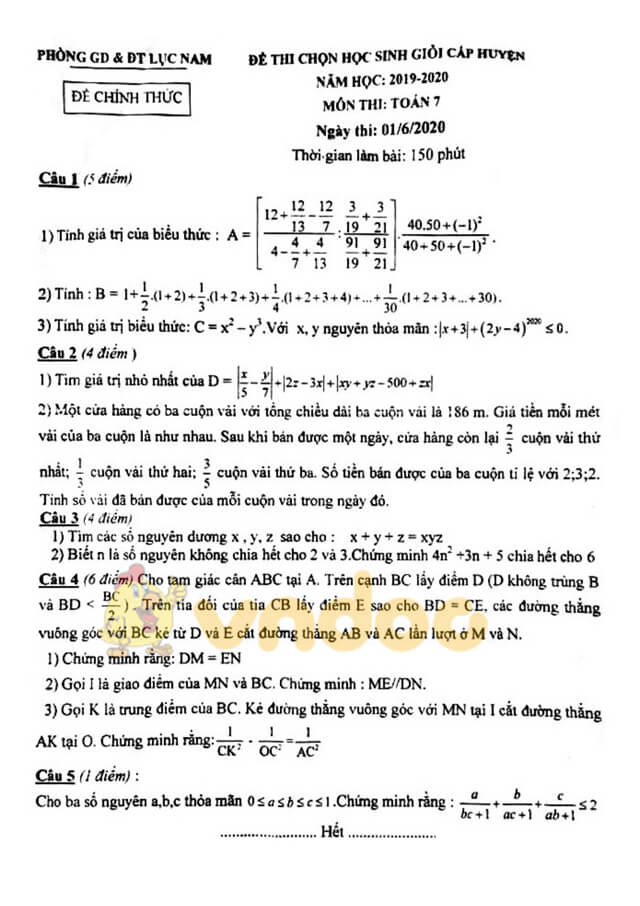 Đề thi hsg Toán 7 năm 2020