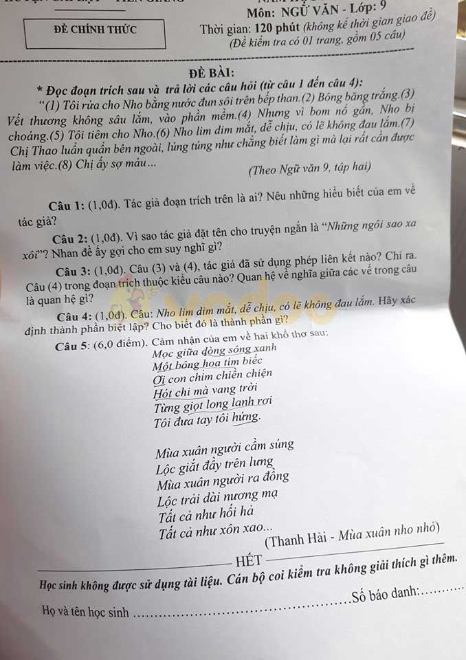 Đề thi Văn lớp 8 học kì 2 năm 2020 Sở GD&ĐT Tiền Giang