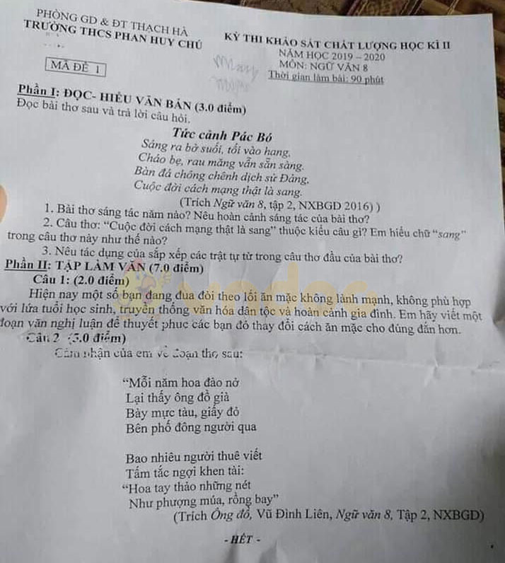 Đề thi Văn lớp 8 học kì 2 năm 2020 Trường THCS Phan Huy Chú, Thạch Hà
