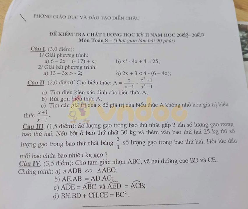 Đề thi Toán lớp 8 học kì 2 năm 2020 Phòng GD&ĐT Diễn Châu