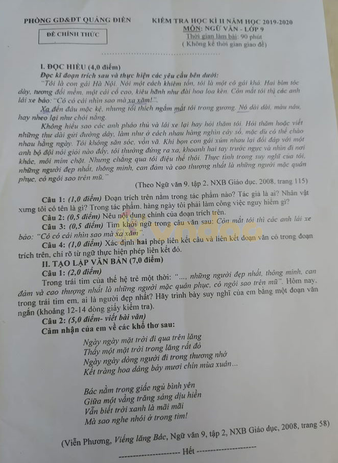 Đề thi học kì 2 lớp 9 môn Văn Phòng GD&ĐT Quảng Điền năm 2020
