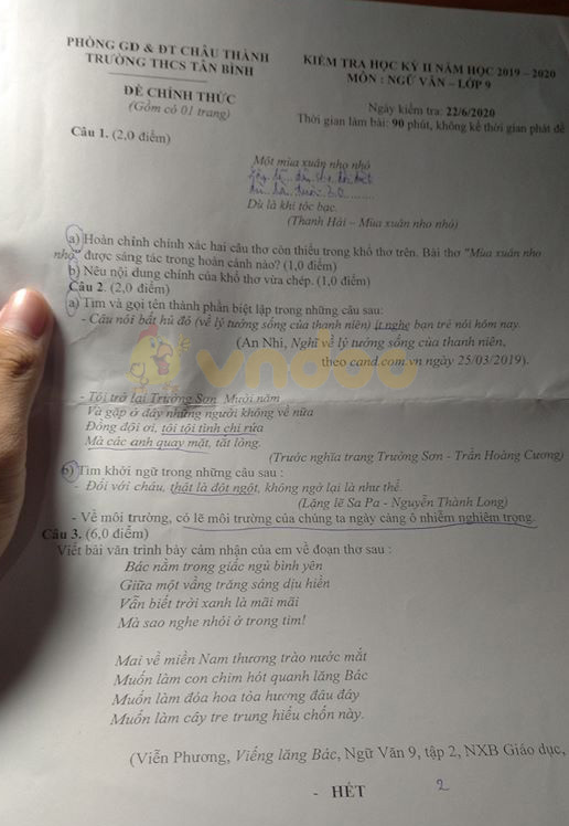 Đề thi học kì 2 lớp 9 môn Văn Trường THCS Tân Bình, Châu Thành năm học 2019 - 2020