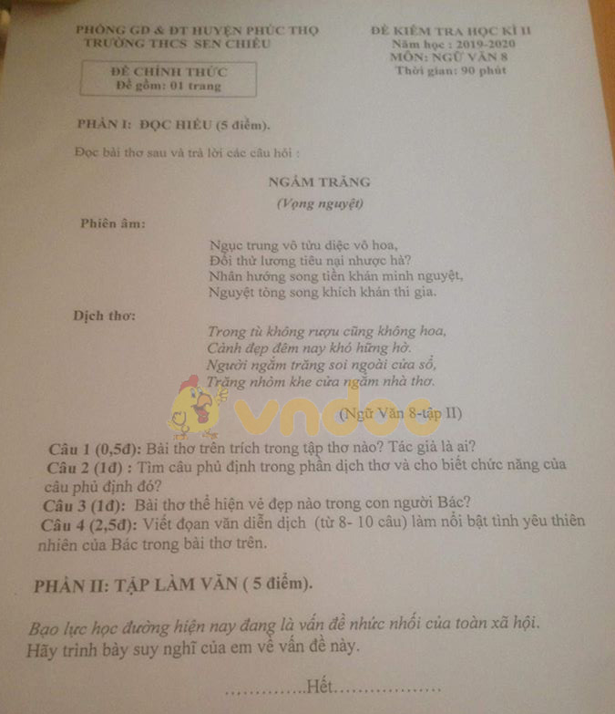 Đề thi Văn lớp 8 học kì 2 năm 2020 Trường THCS Sen Chiểu, Phúc Thọ