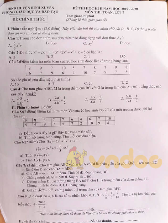 Đề thi học kì 2 lớp 7 môn Toán