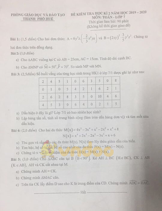 Đề thi học kì 2 môn Toán lớp 7 năm 2020