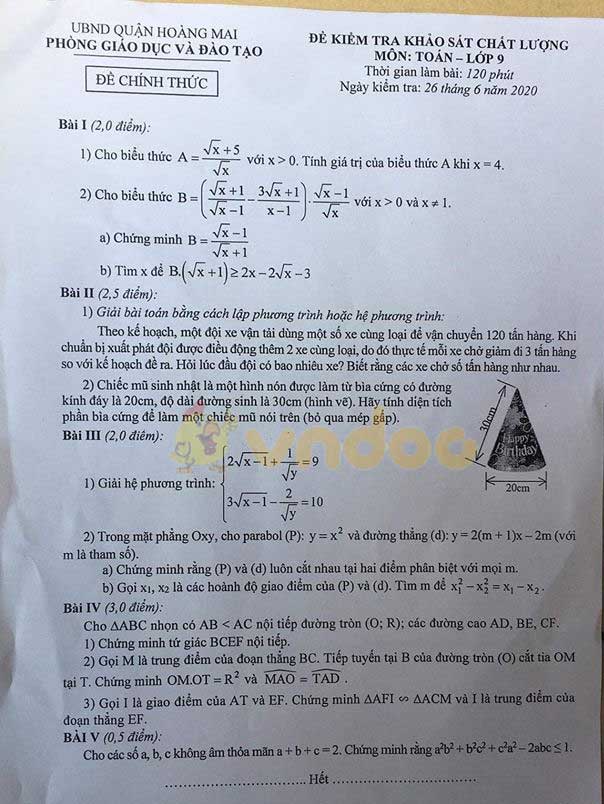 Đề thi khảo sát chất lượng lớp 9 môn Toán Phòng GD&ĐT Hoàng Mai năm học 2019 - 2020