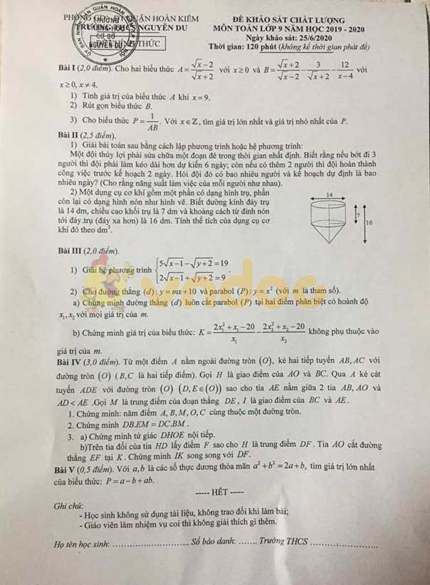 Đề thi khảo sát chất lượng lớp 9 môn Toán trường THCS Nguyễn Du, Hoàn Kiếm năm học 2019 - 2020