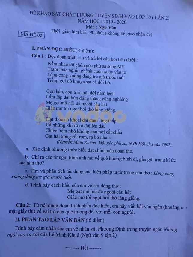 Đề thi học kì 2 lớp 9 môn Văn Trường THCS Kỳ Long, Hà Tĩnh năm 2020