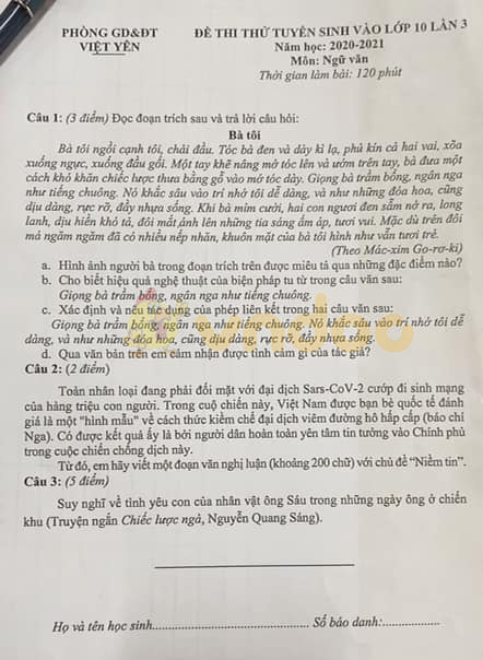 Đề thi thử vào lớp 10 môn Ngữ văn Phòng GD&ĐT Việt Yên năm 2020 (Lần 3)