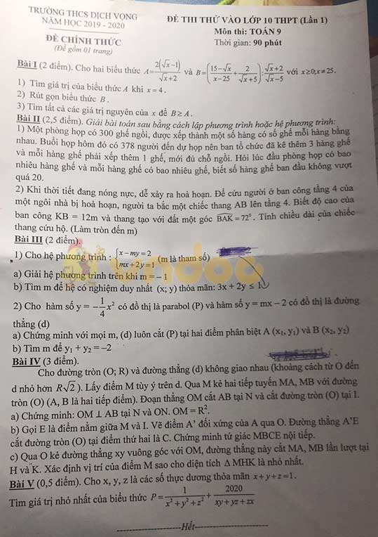Đề thi thử vào lớp 10 môn Toán Trường THCS Dịch Vọng năm 2020 (Lần 1)