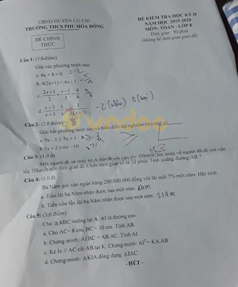 Đề thi Toán lớp 8 học kì 2 năm 2020 Trường THCS Phú Hòa Đông, Củ Chi
