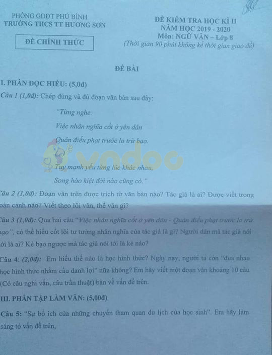 Đề thi Văn lớp 8 học kì 2 năm 2020 Trường THCS TT Hương Sơn, Phú Bình